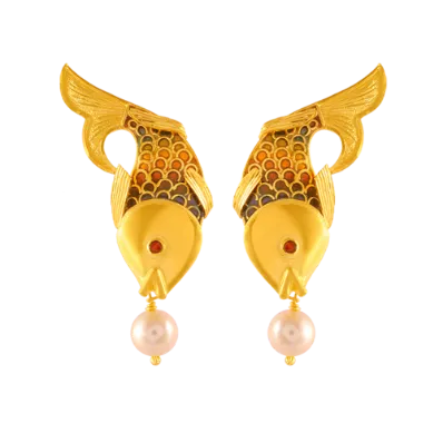 22k Gold Earrings In Fish Shape Adorned With A Pearl