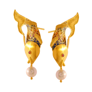 22k Gold Earrings In Fish Shape Adorned With A Pearl
