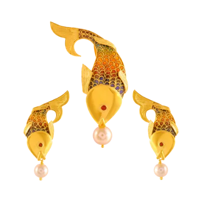 Aquatic 22k Gold Jewellery Set In Fish Shape Adorned With A Pearl