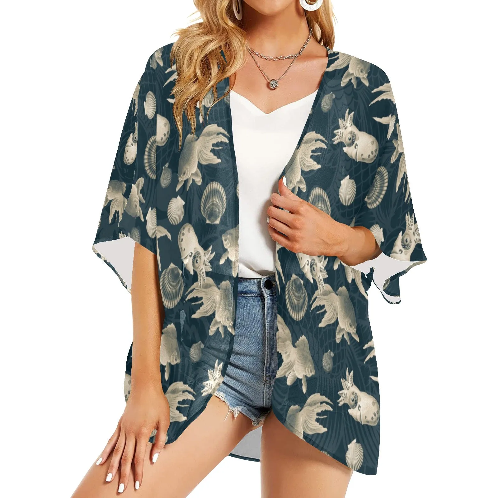 aquatic world sepia split print Women's Kimono Chiffon Cover Up (Model H51)