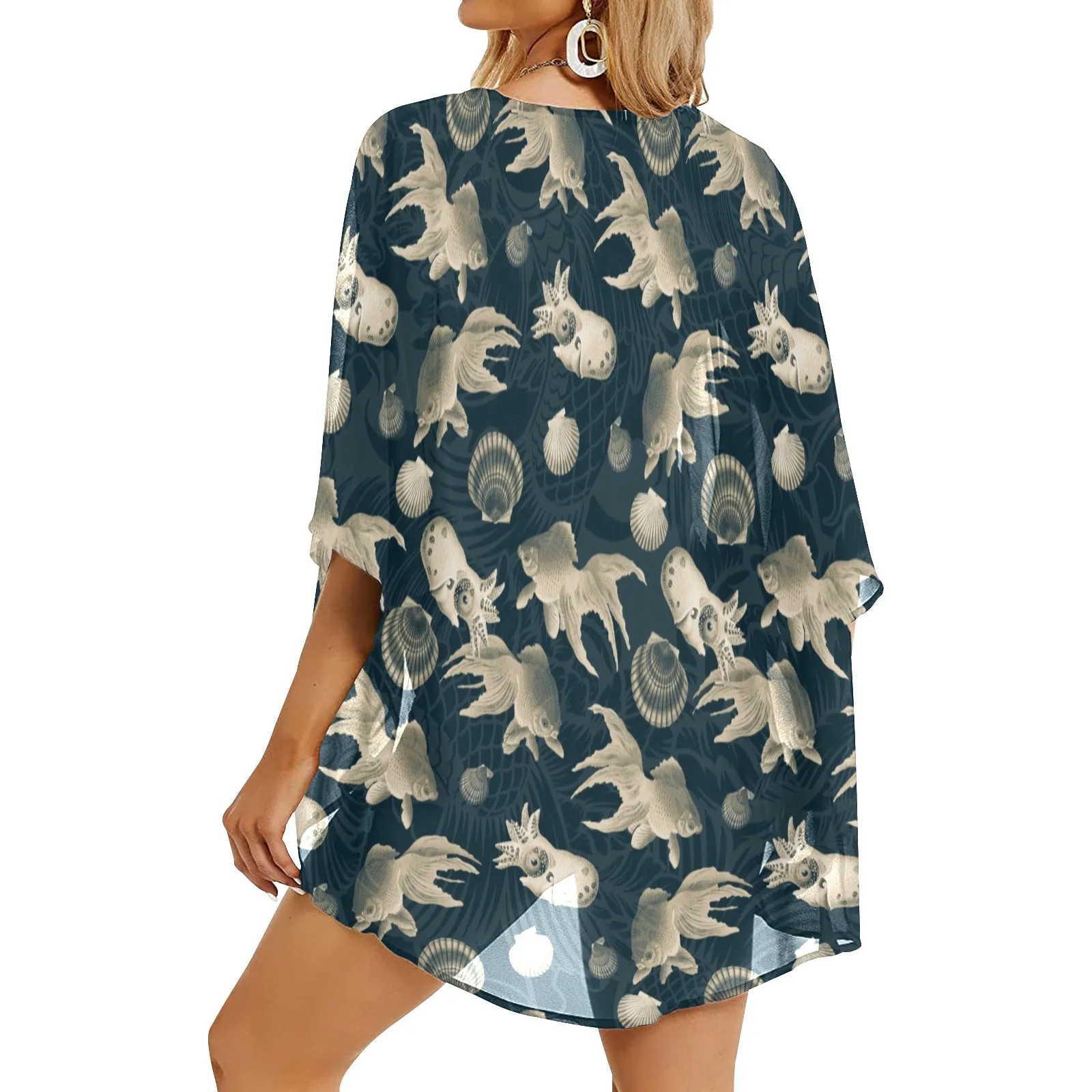 aquatic world sepia split print Women's Kimono Chiffon Cover Up (Model H51)
