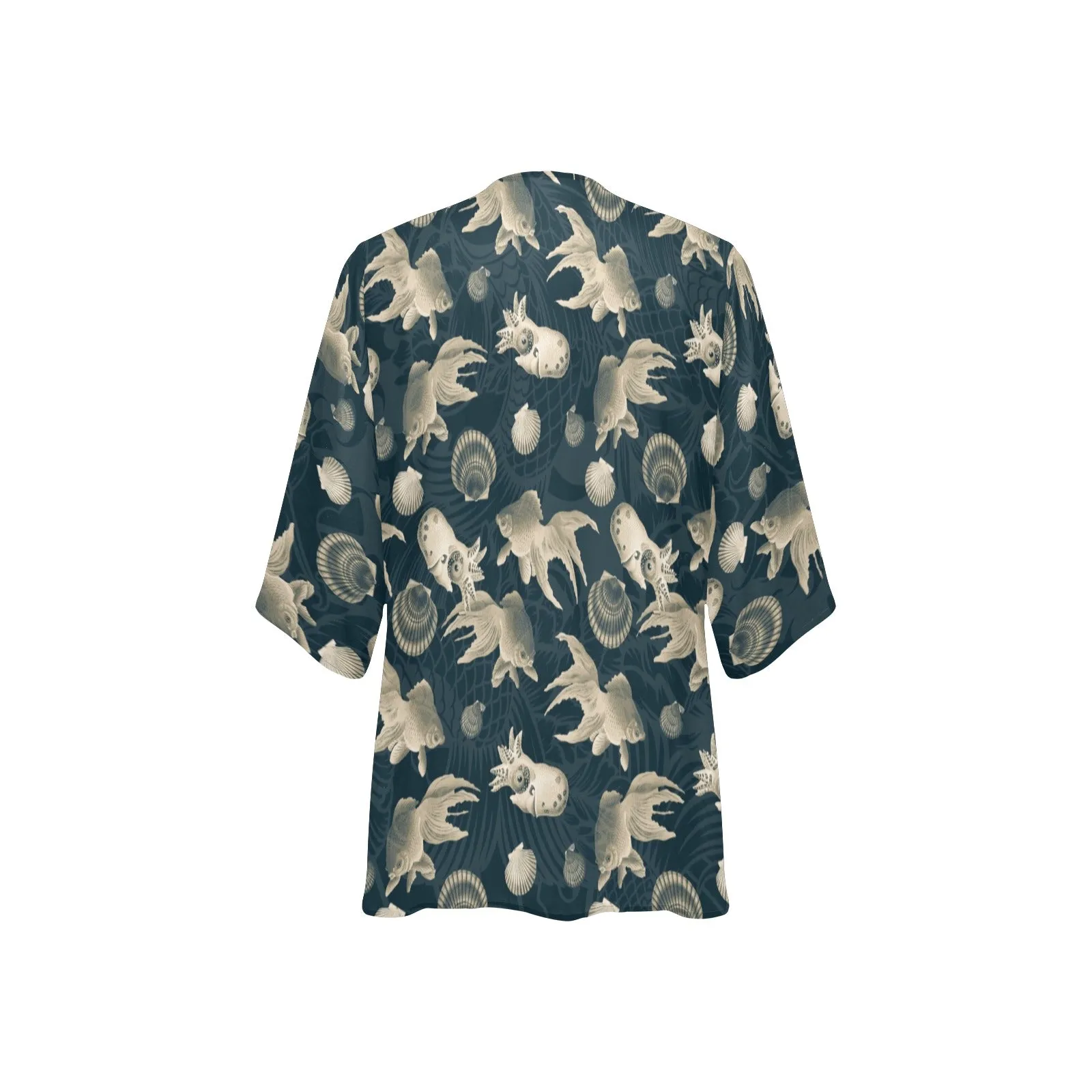aquatic world sepia split print Women's Kimono Chiffon Cover Up (Model H51)