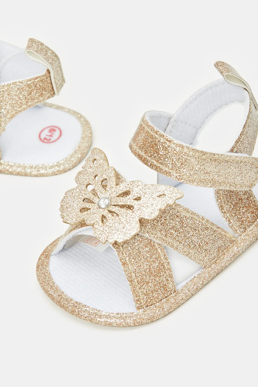 Babies Gold And White Butterfly Pram Shoe With Headband Set (2 Piece)