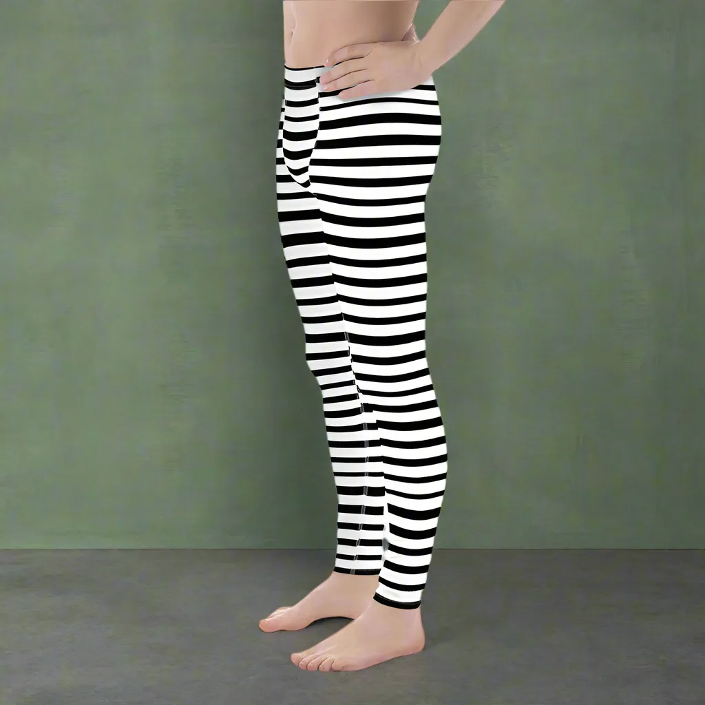 Black Striped Print Designer Meggings, White Stripe Printed Men's Leggings Stretchy Tights - Made in USA/EU/MX