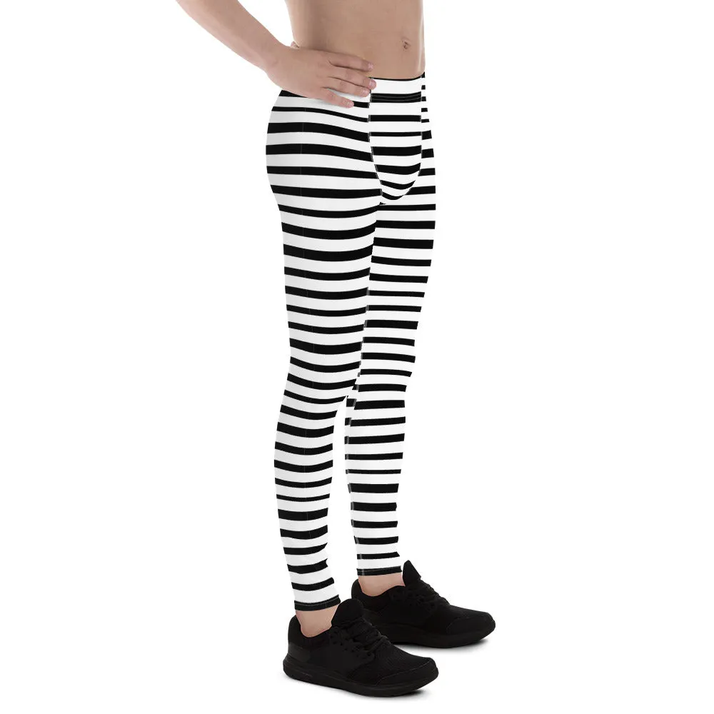 Black Striped Print Designer Meggings, White Stripe Printed Men's Leggings Stretchy Tights - Made in USA/EU/MX