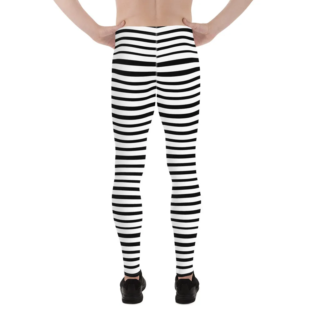 Black Striped Print Designer Meggings, White Stripe Printed Men's Leggings Stretchy Tights - Made in USA/EU/MX