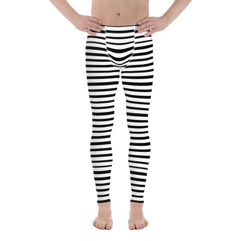 Black Striped Print Designer Meggings, White Stripe Printed Men's Leggings Stretchy Tights - Made in USA/EU/MX