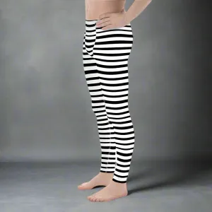 Black Striped Print Designer Meggings, White Stripe Printed Men's Leggings Stretchy Tights - Made in USA/EU/MX