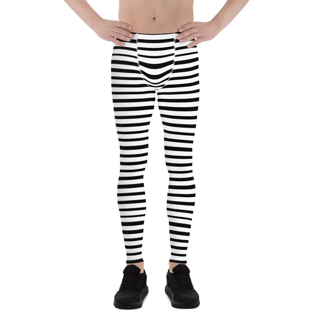 Black Striped Print Designer Meggings, White Stripe Printed Men's Leggings Stretchy Tights - Made in USA/EU/MX