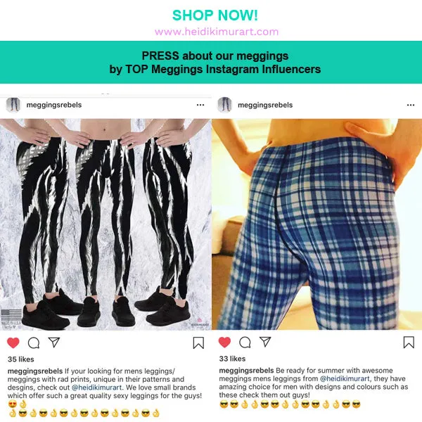 Black Striped Print Designer Meggings, White Stripe Printed Men's Leggings Stretchy Tights - Made in USA/EU/MX