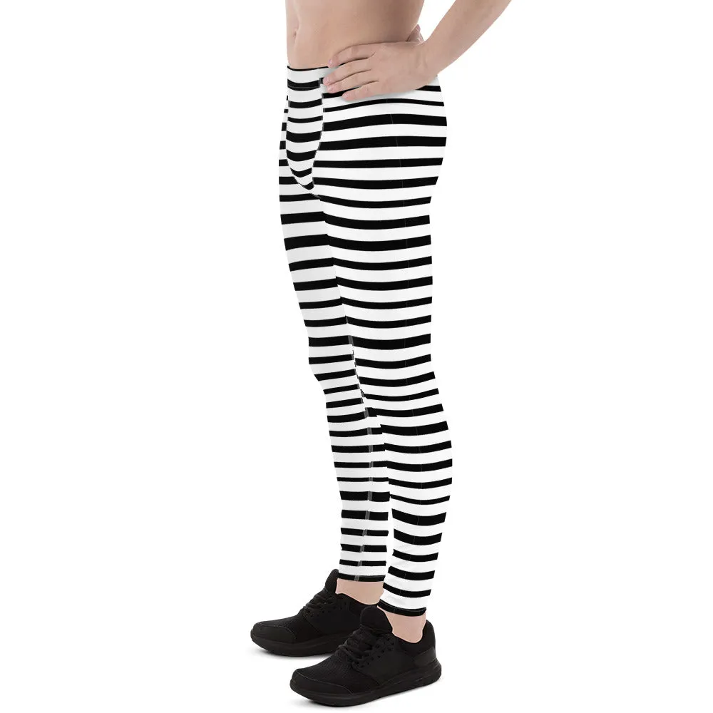 Black Striped Print Designer Meggings, White Stripe Printed Men's Leggings Stretchy Tights - Made in USA/EU/MX