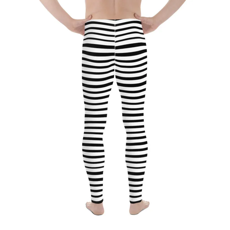 Black Striped Print Designer Meggings, White Stripe Printed Men's Leggings Stretchy Tights - Made in USA/EU/MX