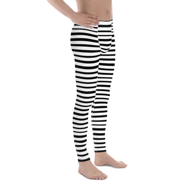 Black Striped Print Designer Meggings, White Stripe Printed Men's Leggings Stretchy Tights - Made in USA/EU/MX