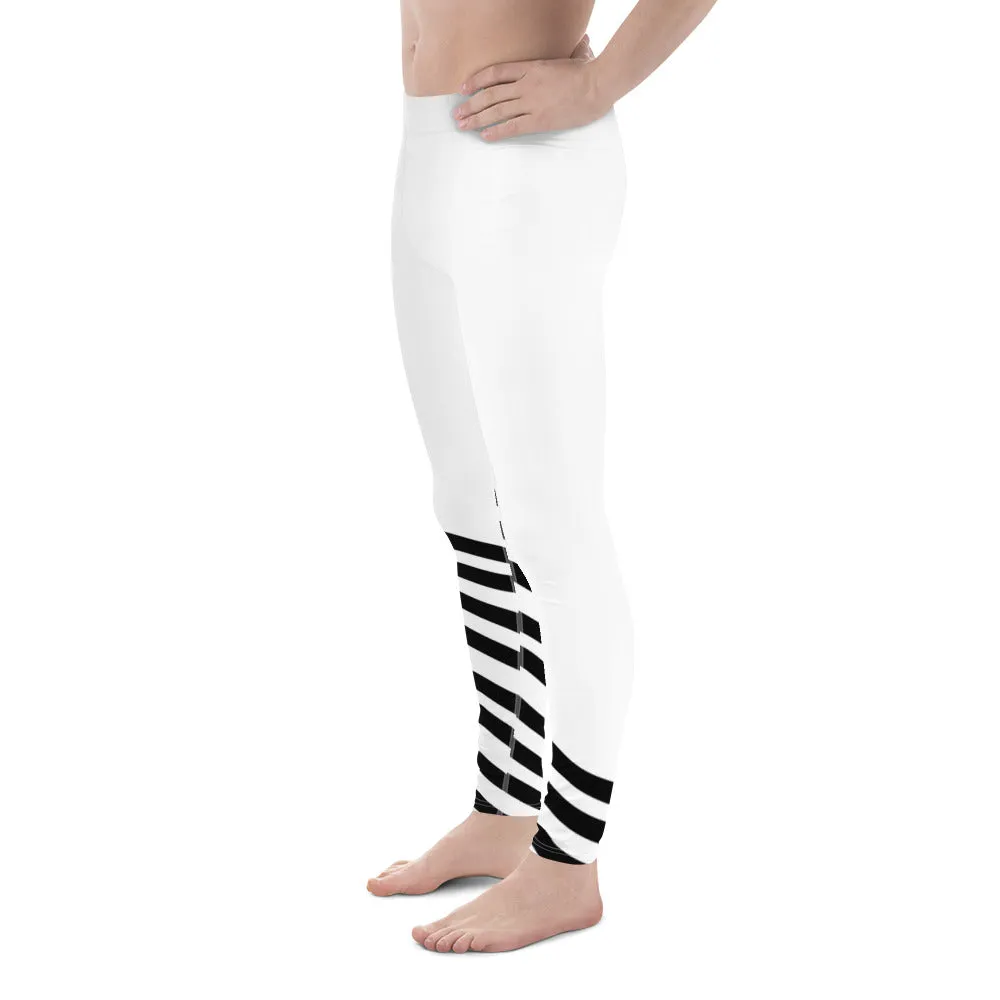 Black White Diagonal Striped Meggings, Men's Tights Meggings Activewear Tights-Made in USA/EU