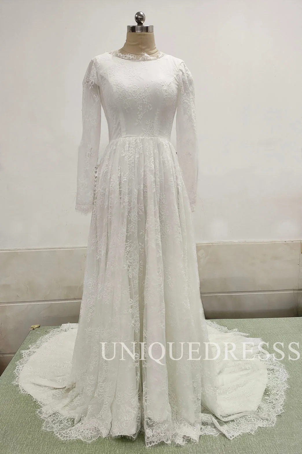 Chic Long Sleeve Lace A Line Wedding Dresses with Train, Gorgeous Bride Dresses UQW0053