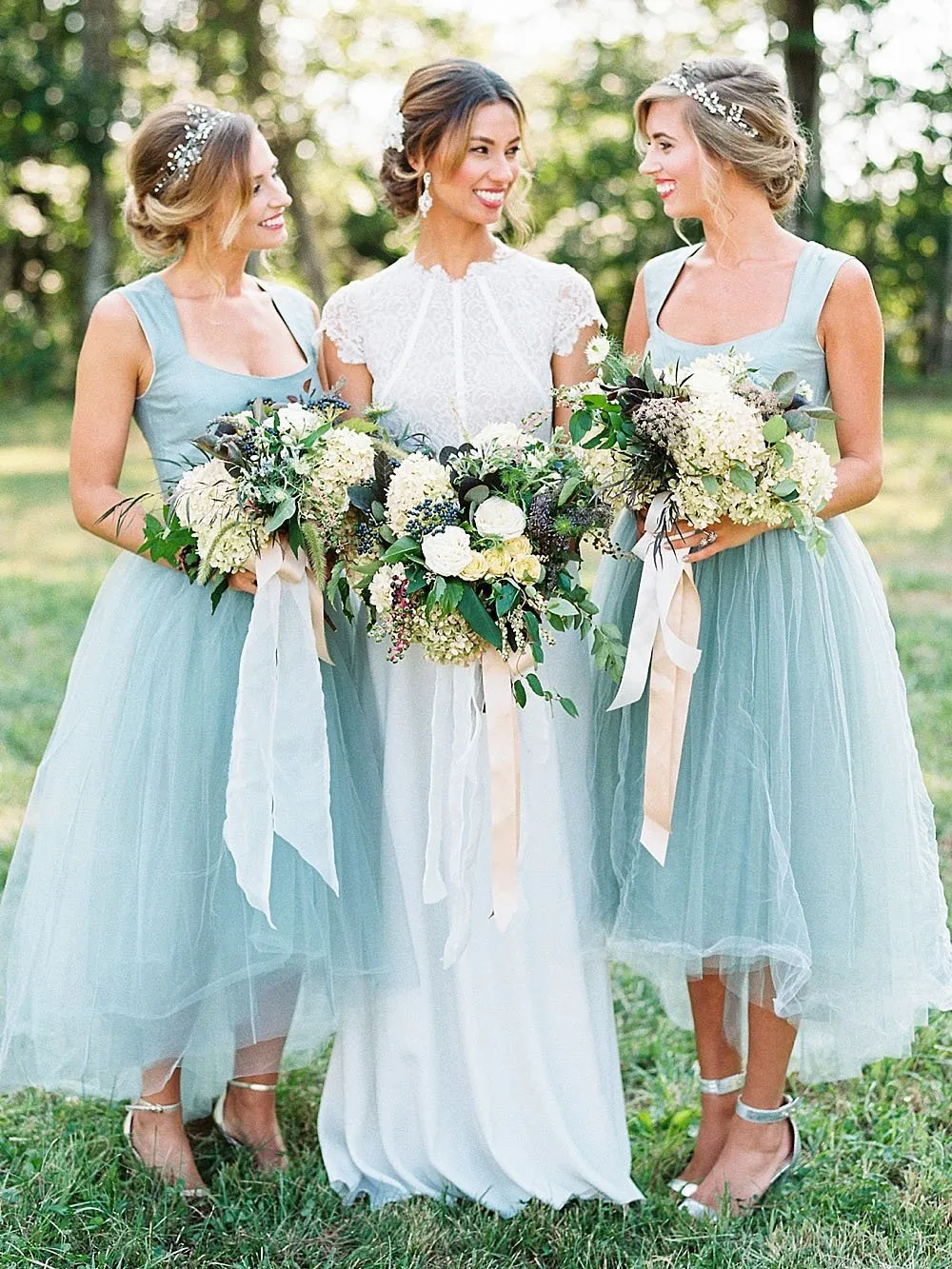 Chic Straps Hi-Lo Asymmetrical Mint Green Tulle Bridesmaid Dresses UQB0008