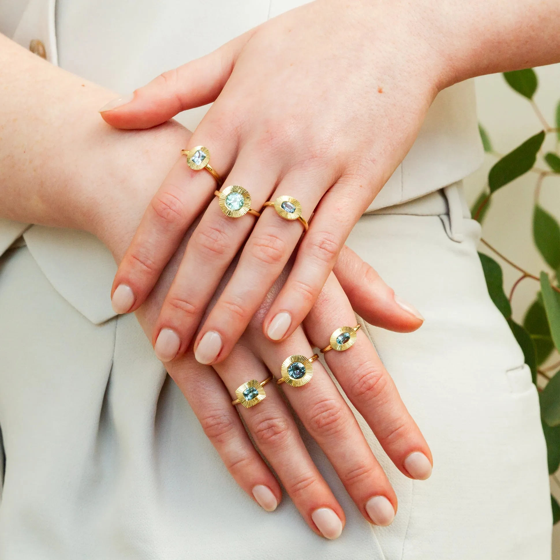 East-West Cushion Aurora Ring 14KY with Light Teal Montana Sapphire