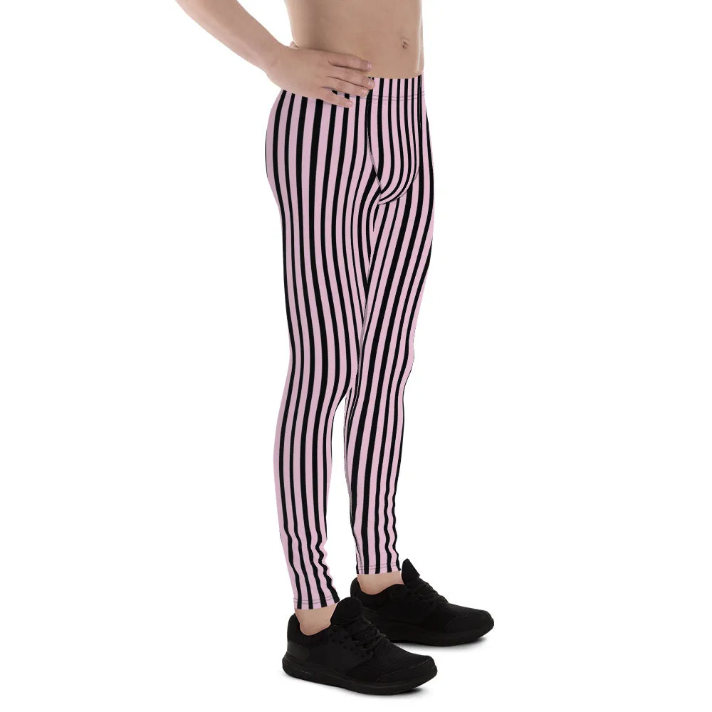 Light Pink Black Striped Meggings, Premium Men's Leggings With Stripes- Made in USA/EU