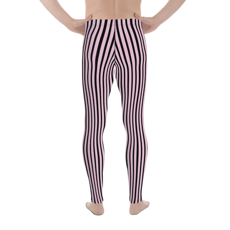 Light Pink Black Striped Meggings, Premium Men's Leggings With Stripes- Made in USA/EU