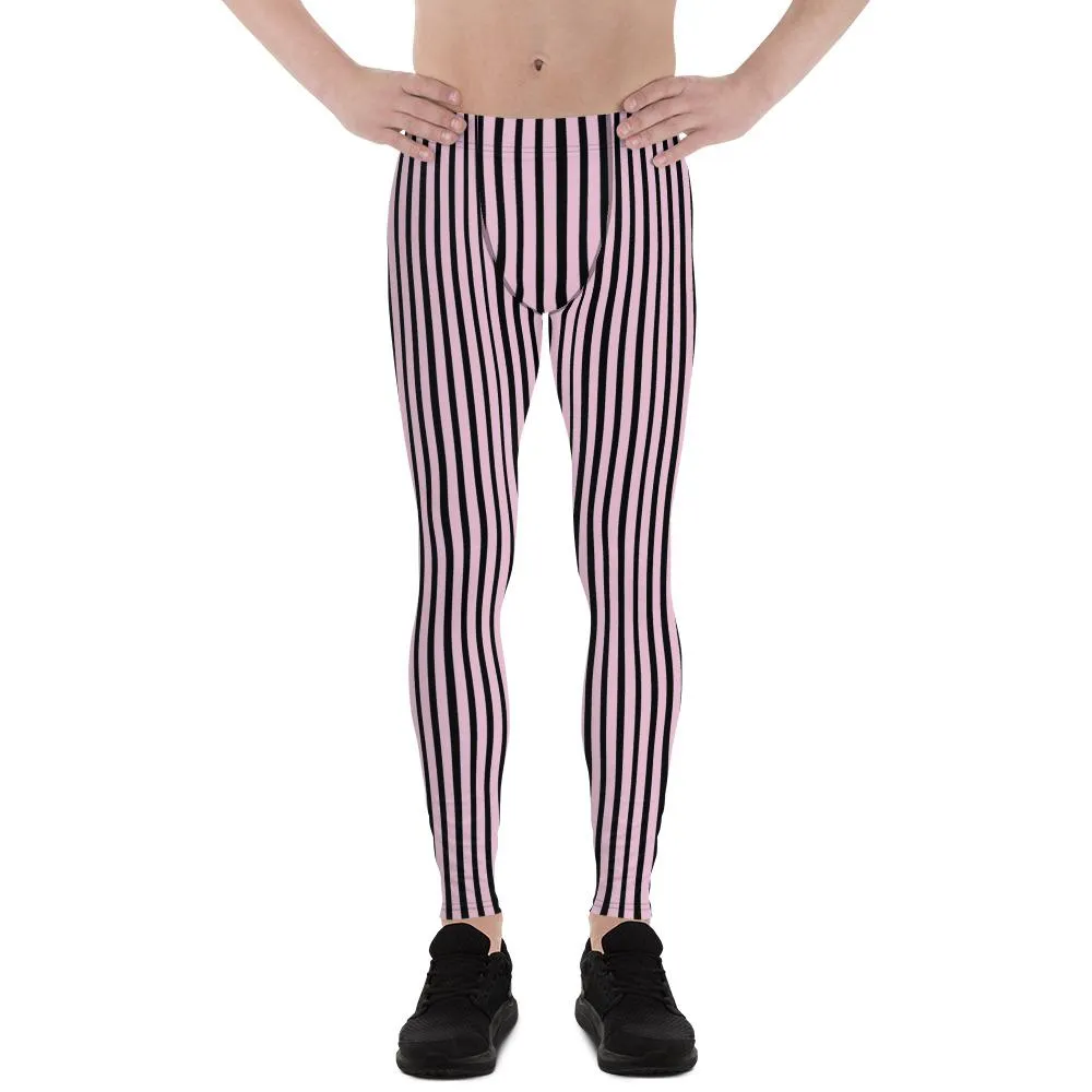 Light Pink Black Striped Meggings, Premium Men's Leggings With Stripes- Made in USA/EU