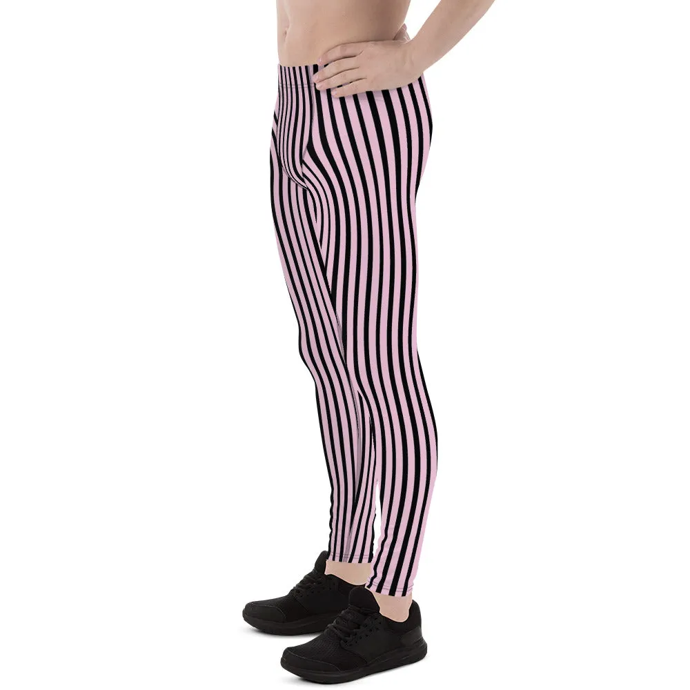 Light Pink Black Striped Meggings, Premium Men's Leggings With Stripes- Made in USA/EU