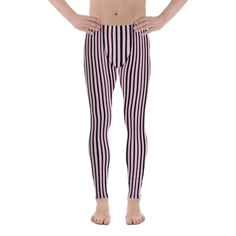 Light Pink Black Striped Meggings, Premium Men's Leggings With Stripes- Made in USA/EU