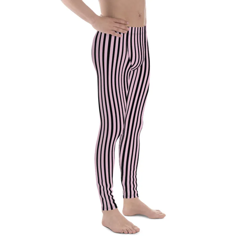 Light Pink Black Striped Meggings, Premium Men's Leggings With Stripes- Made in USA/EU