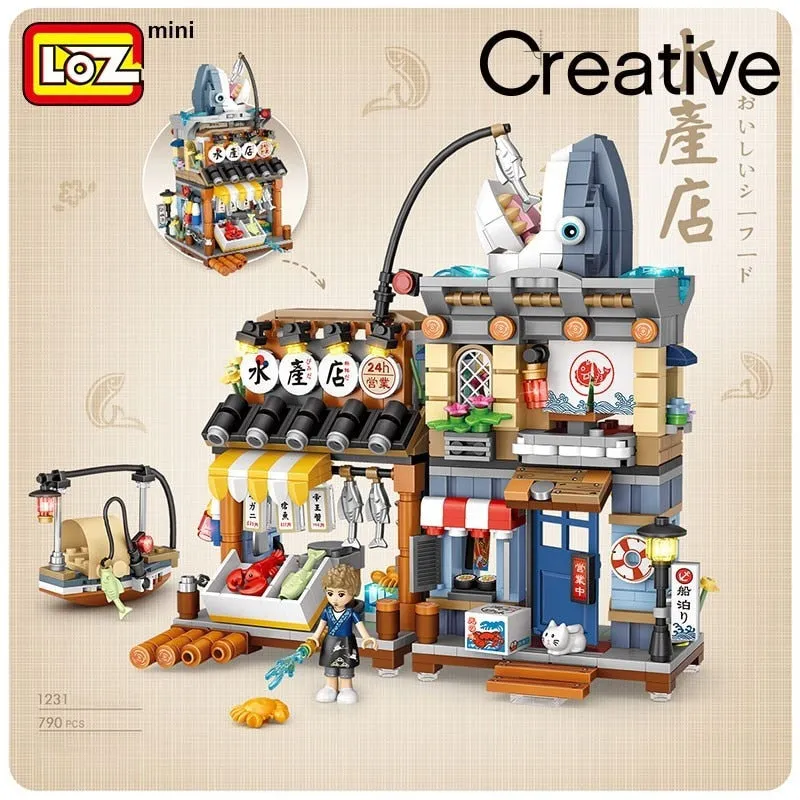 LOZ building blocks Japanese-style street view izakaya aquatic product store mini small particles assembled toy puzzle girl boy