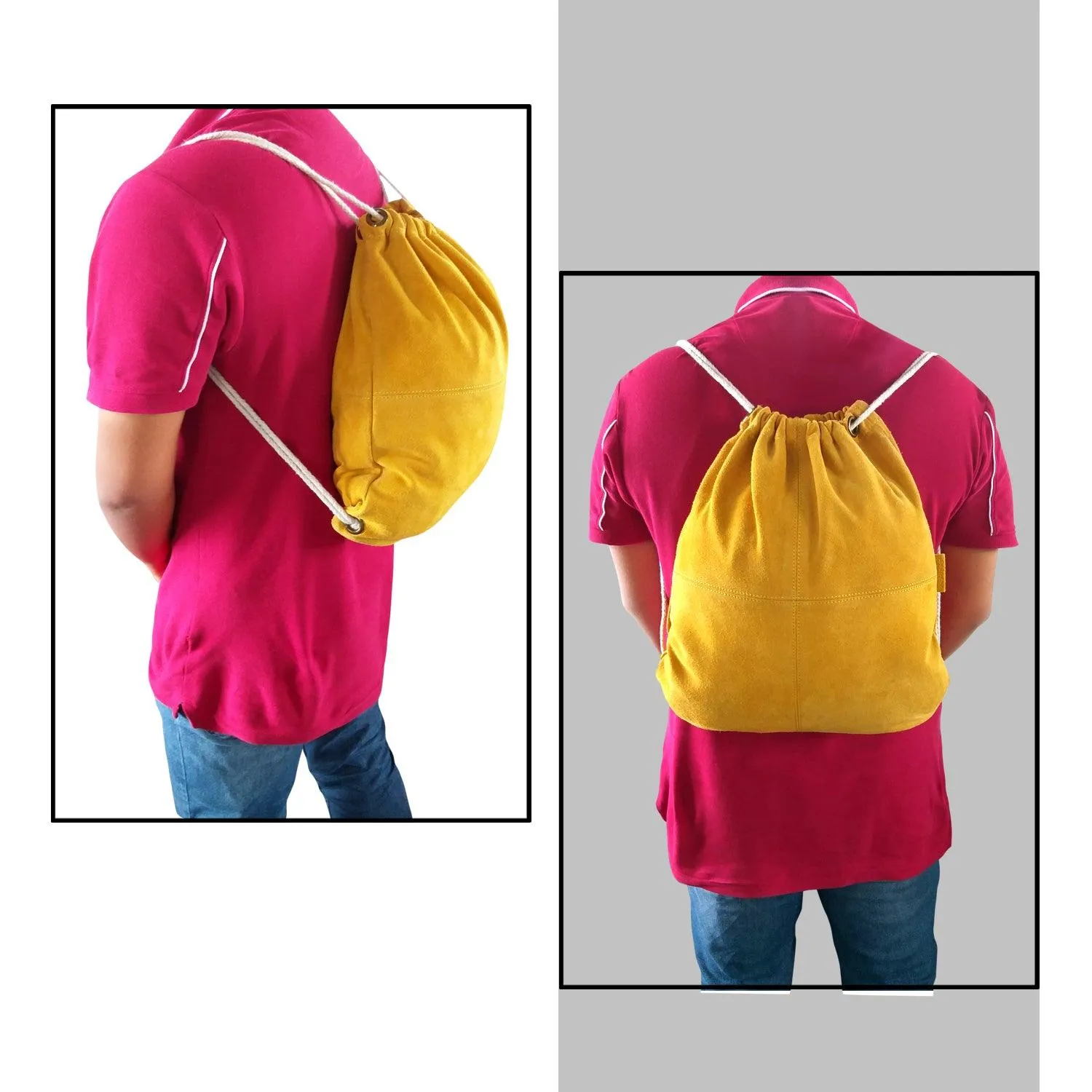 MANDAVA Suede Leather Drawstring Backpack Unisex Sack Cinch School/College/Gym Bag (Yellow)
