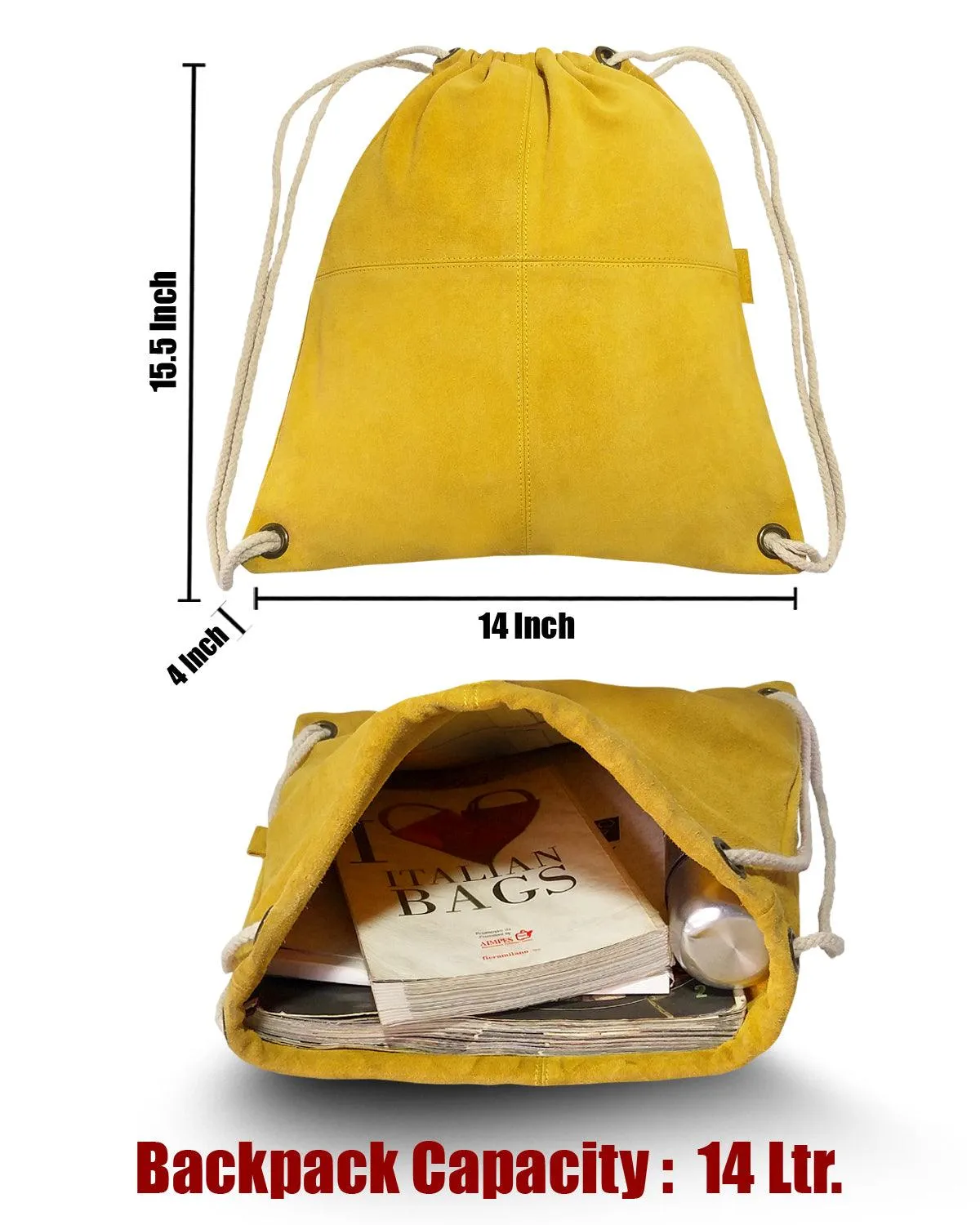 MANDAVA Suede Leather Drawstring Backpack Unisex Sack Cinch School/College/Gym Bag (Yellow)
