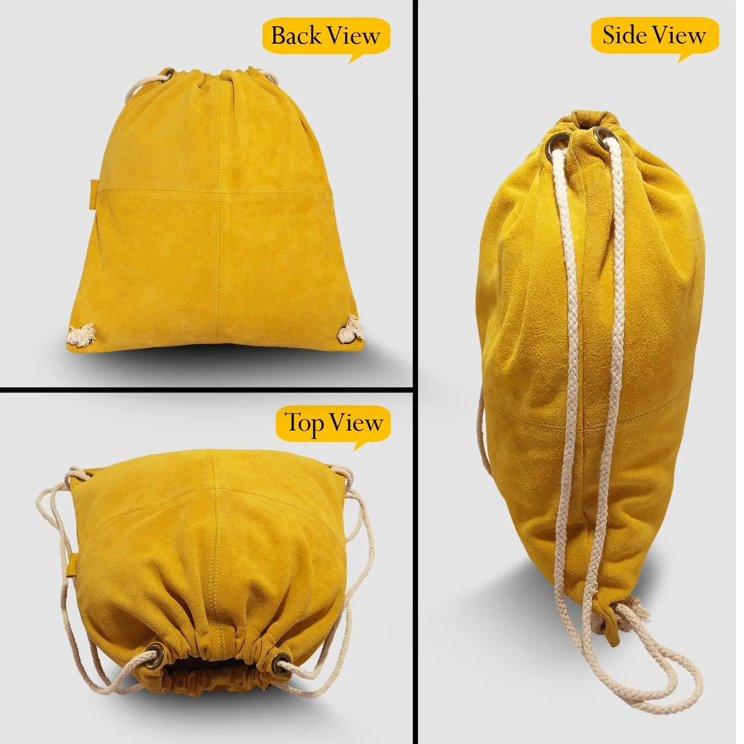 MANDAVA Suede Leather Drawstring Backpack Unisex Sack Cinch School/College/Gym Bag (Yellow)