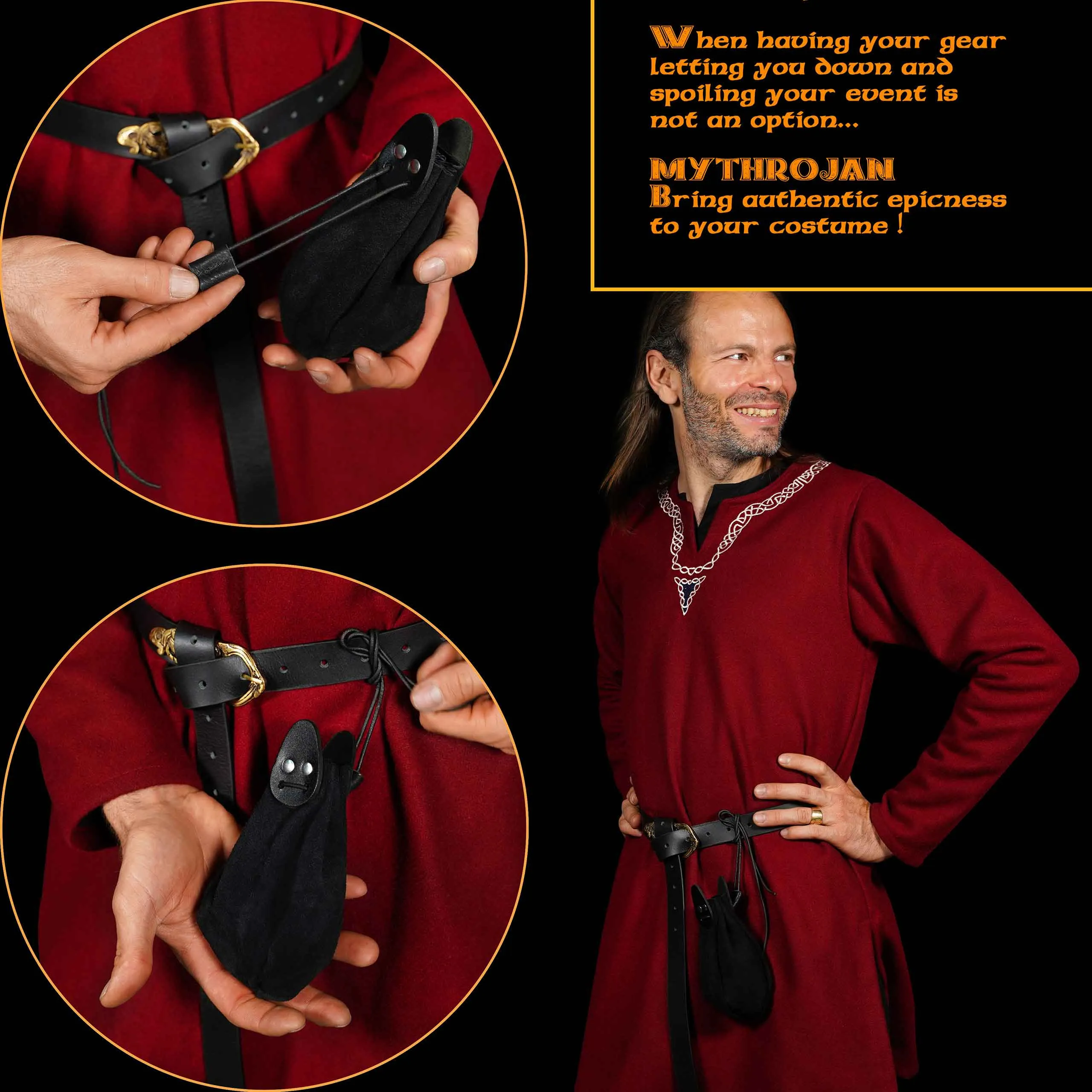 Mythrojan “Gold and Dice” Drawstring Pouch, Ideal for SCA LARP Reenactment & Ren fair - Suede Leather Pouch, Black , 6 ”