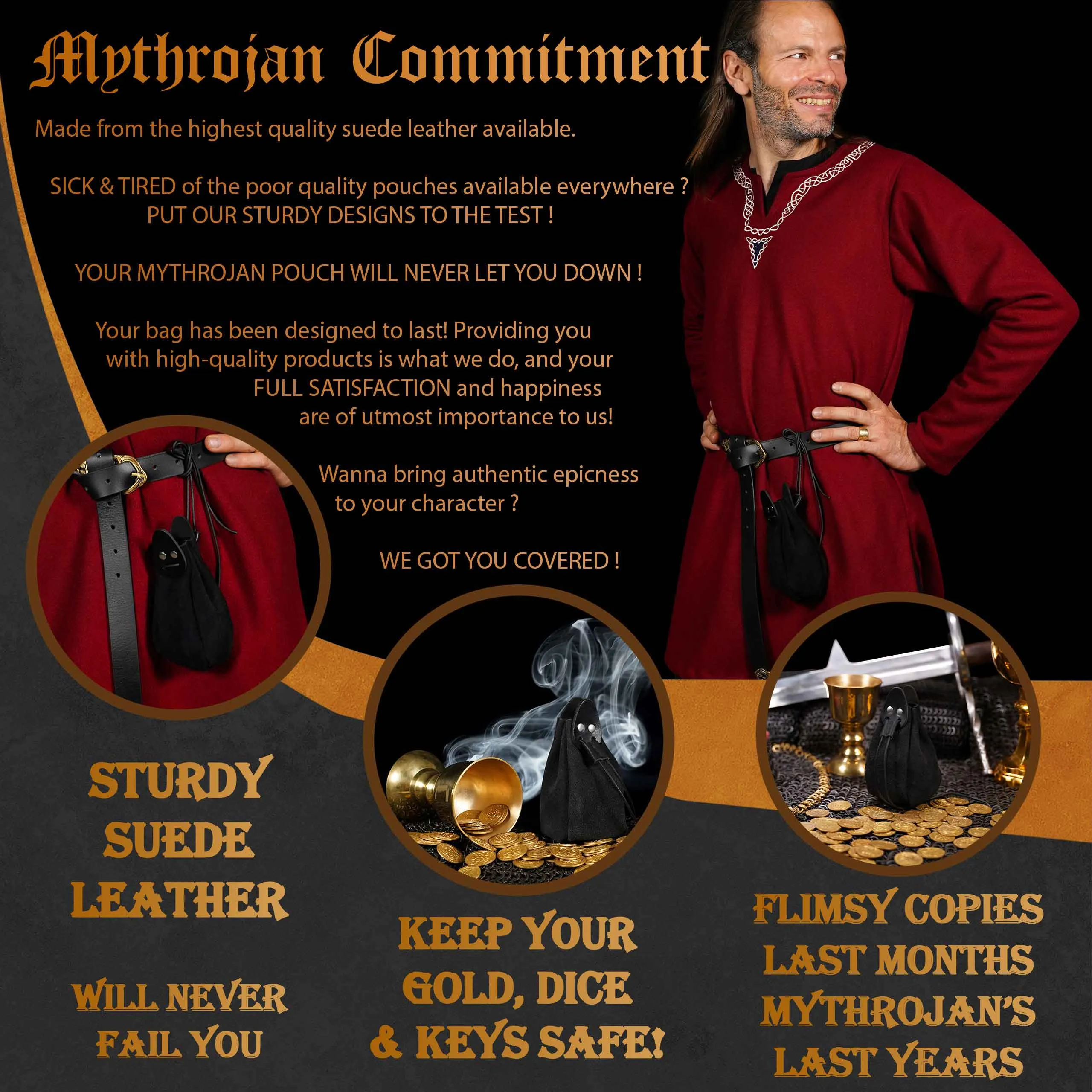 Mythrojan “Gold and Dice” Drawstring Pouch, Ideal for SCA LARP Reenactment & Ren fair - Suede Leather Pouch, Black , 6 ”