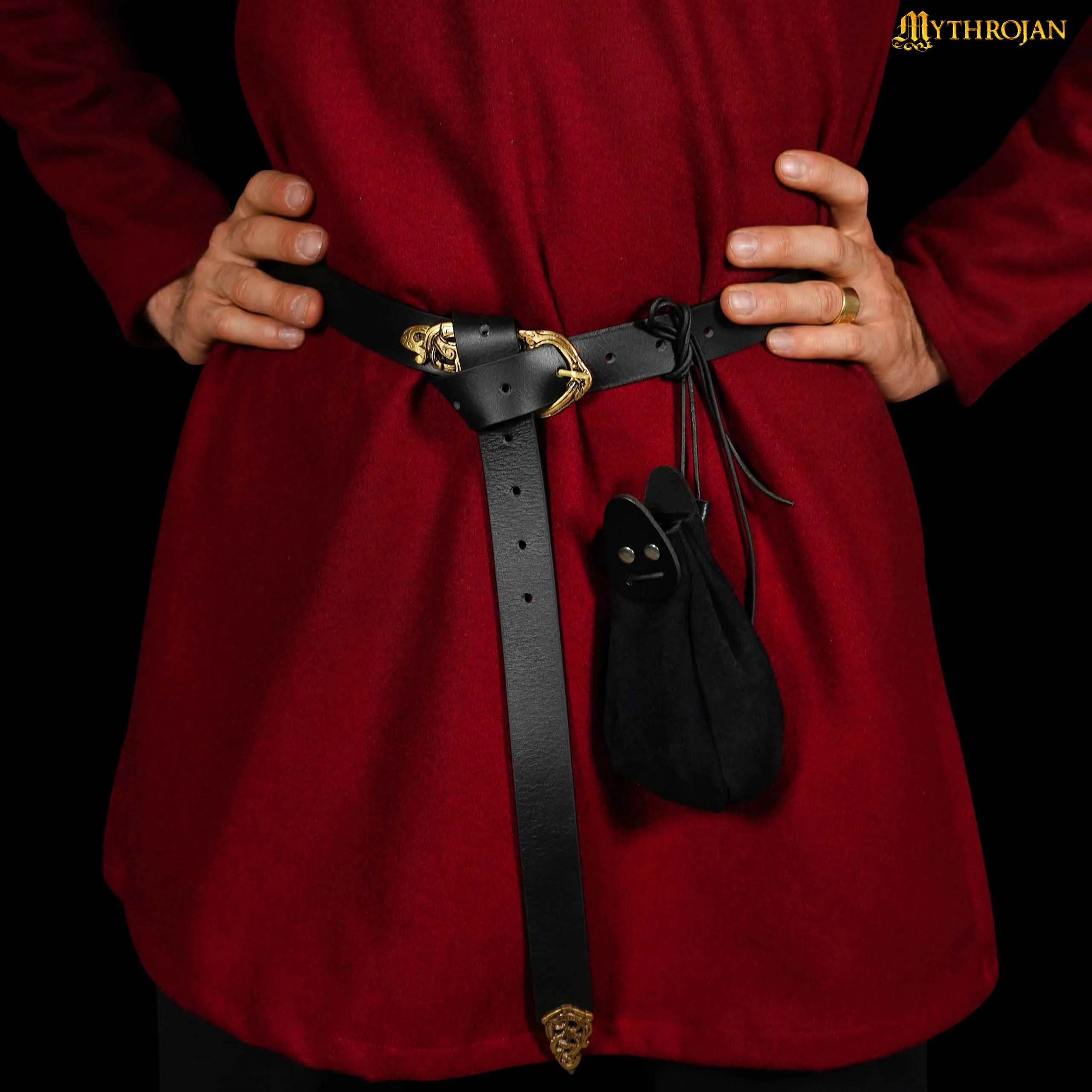 Mythrojan “Gold and Dice” Drawstring Pouch, Ideal for SCA LARP Reenactment & Ren fair - Suede Leather Pouch, Black , 6 ”