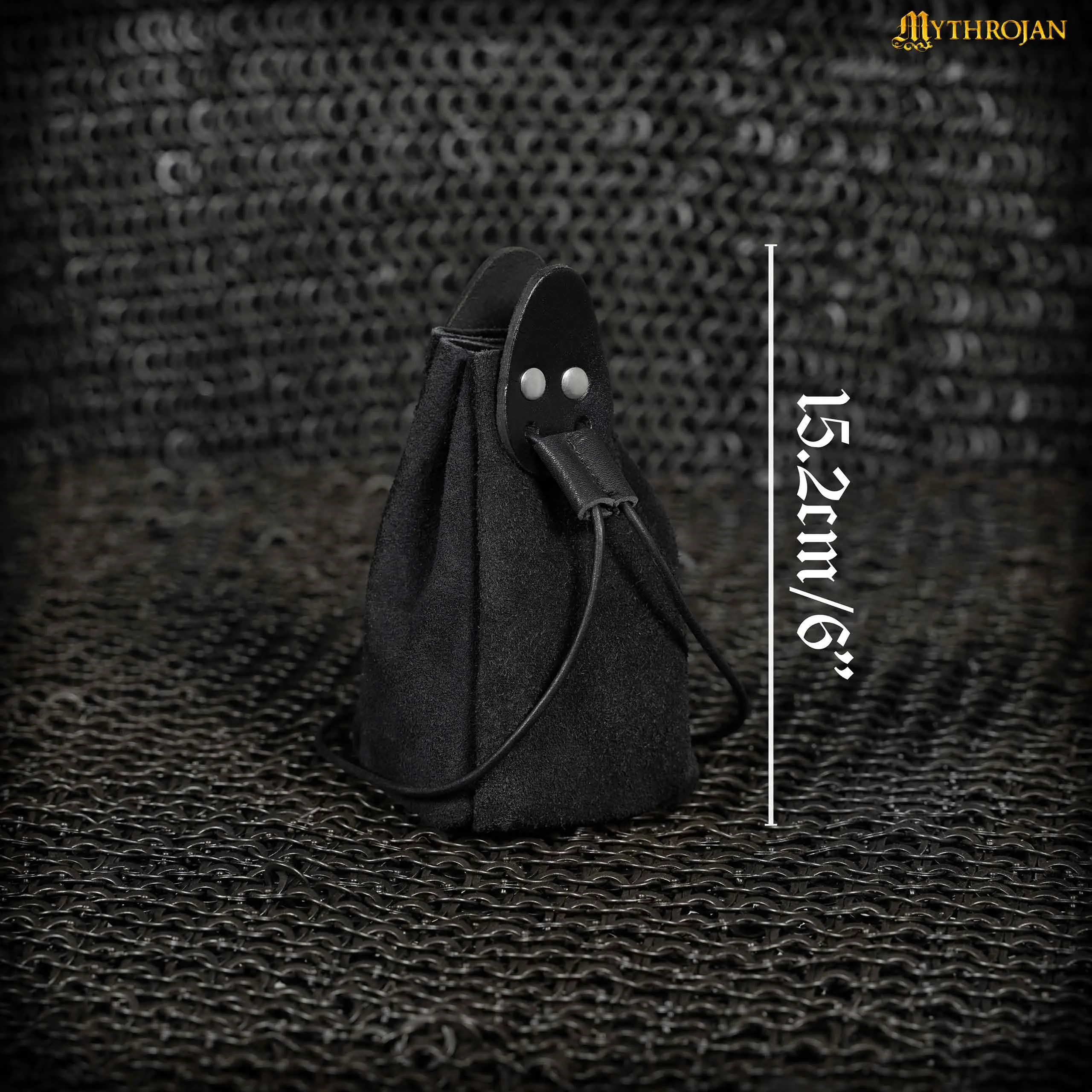 Mythrojan “Gold and Dice” Drawstring Pouch, Ideal for SCA LARP Reenactment & Ren fair - Suede Leather Pouch, Black , 6 ”