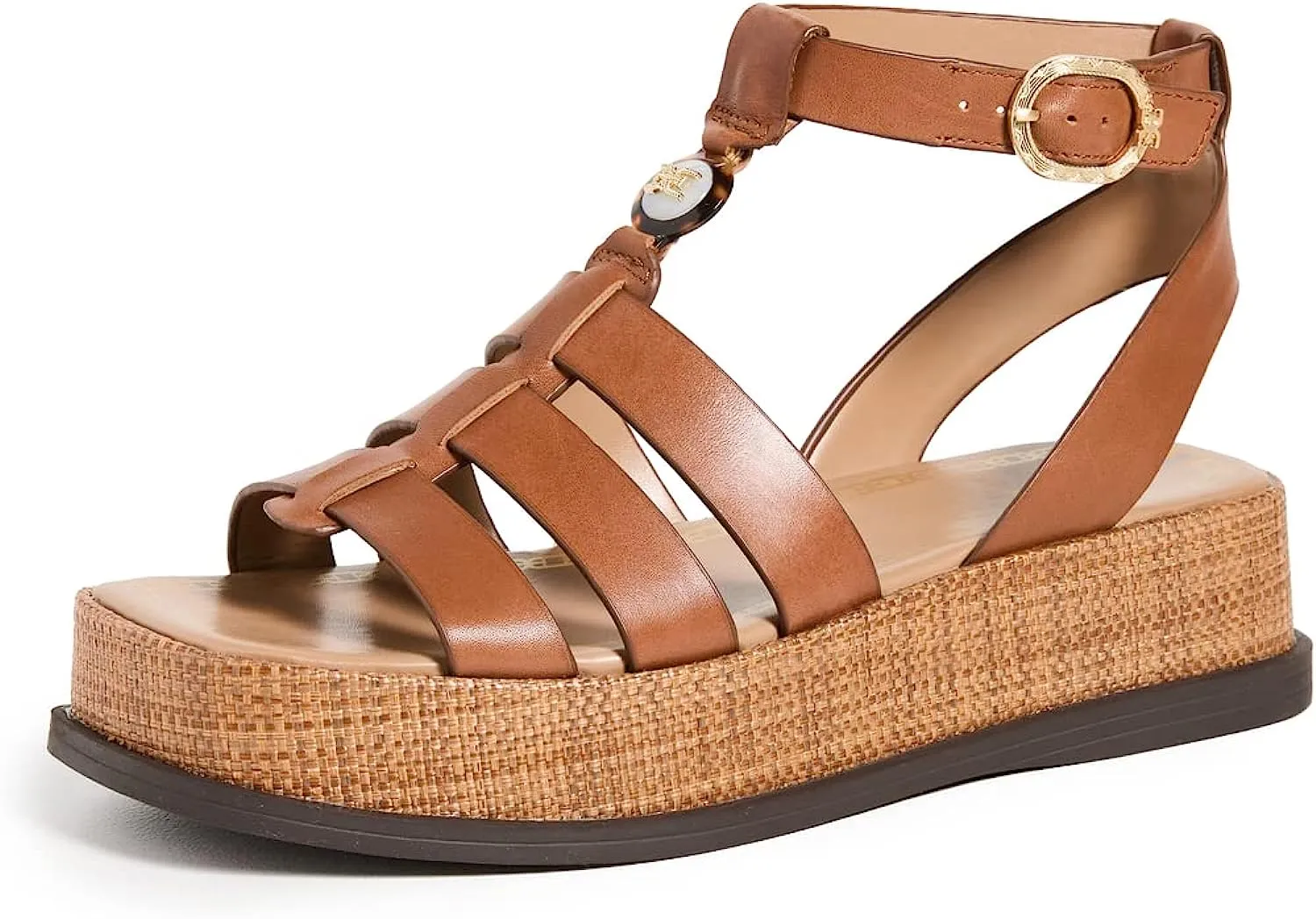 Sam Edelman Naima Cognac Leather Multi Straps Buckle Ankle Block Heel Sandals