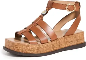 Sam Edelman Naima Cognac Leather Multi Straps Buckle Ankle Block Heel Sandals